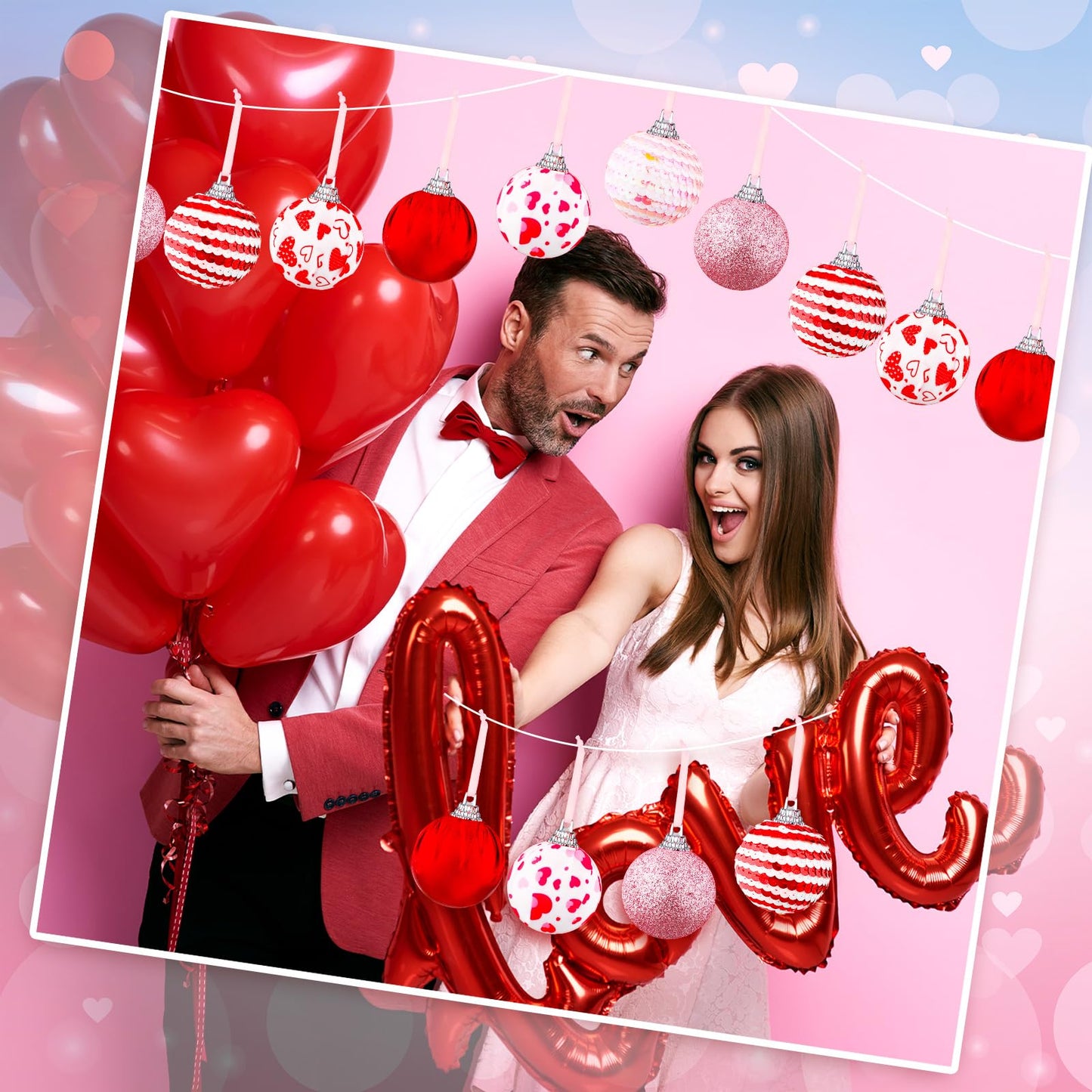 Riceshoot 12 Pcs Valentines Day Ball Ornaments 2.36 Inch Red Pink White Hanging Decor Heart Balls Ornaments for Tree Valentine's Day Party Supplies Decorations
