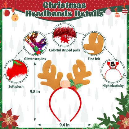 HOVACY 16 PCS Christmas Headbands, 16 Styles Red Xmas Headpieces, Cute Holiday Bow Tie Hair Bands, Felt Elf Hat Santa Hat Headwear for Christmas Party Supplies Accessories