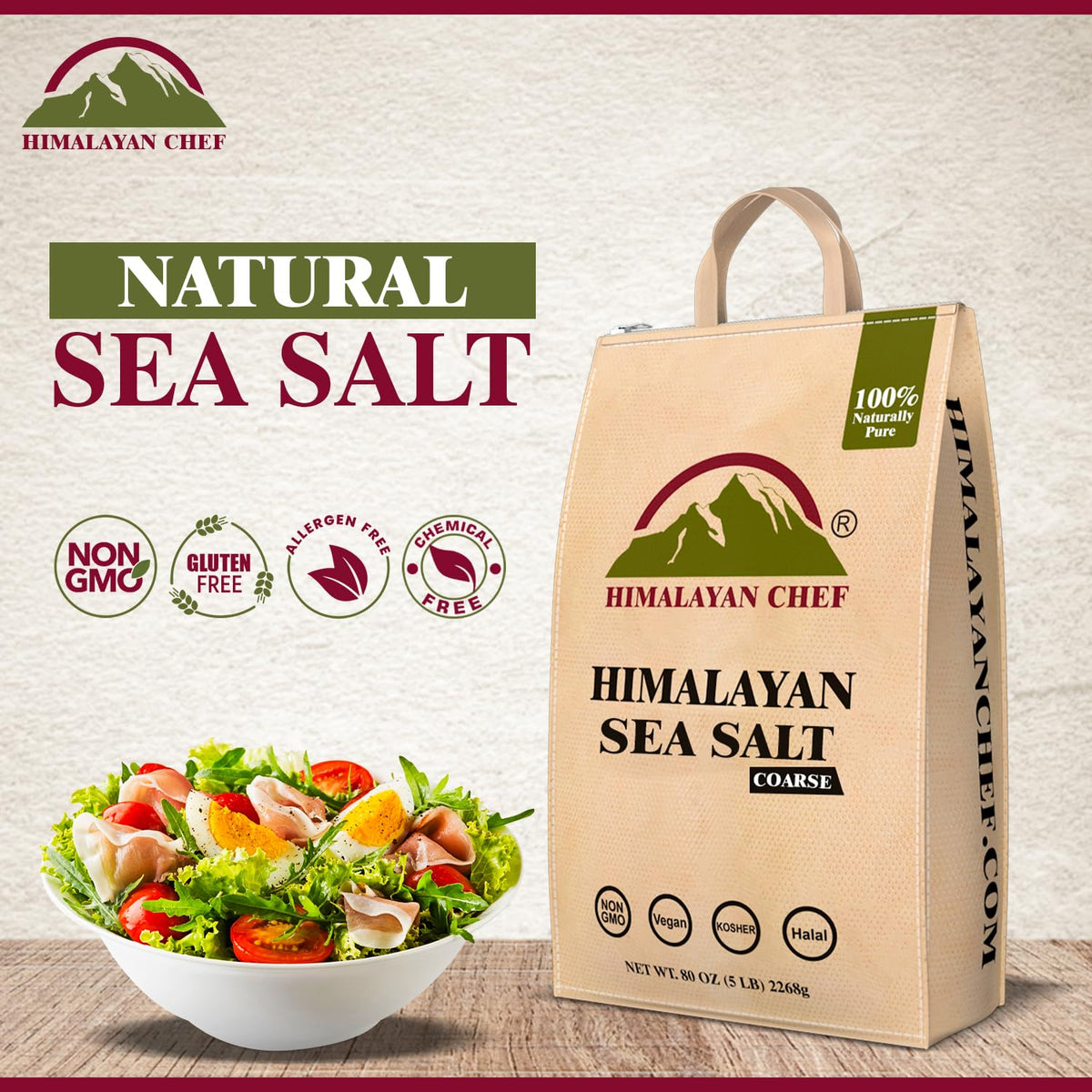 Himalayan Chef Sea Salt Coarse Grain, 5 lb Bag - Pure, Natural, Kosher, Non-GMO, Mineral-Rich, for Cooking, Seasoning, Baking, Grinder Refills