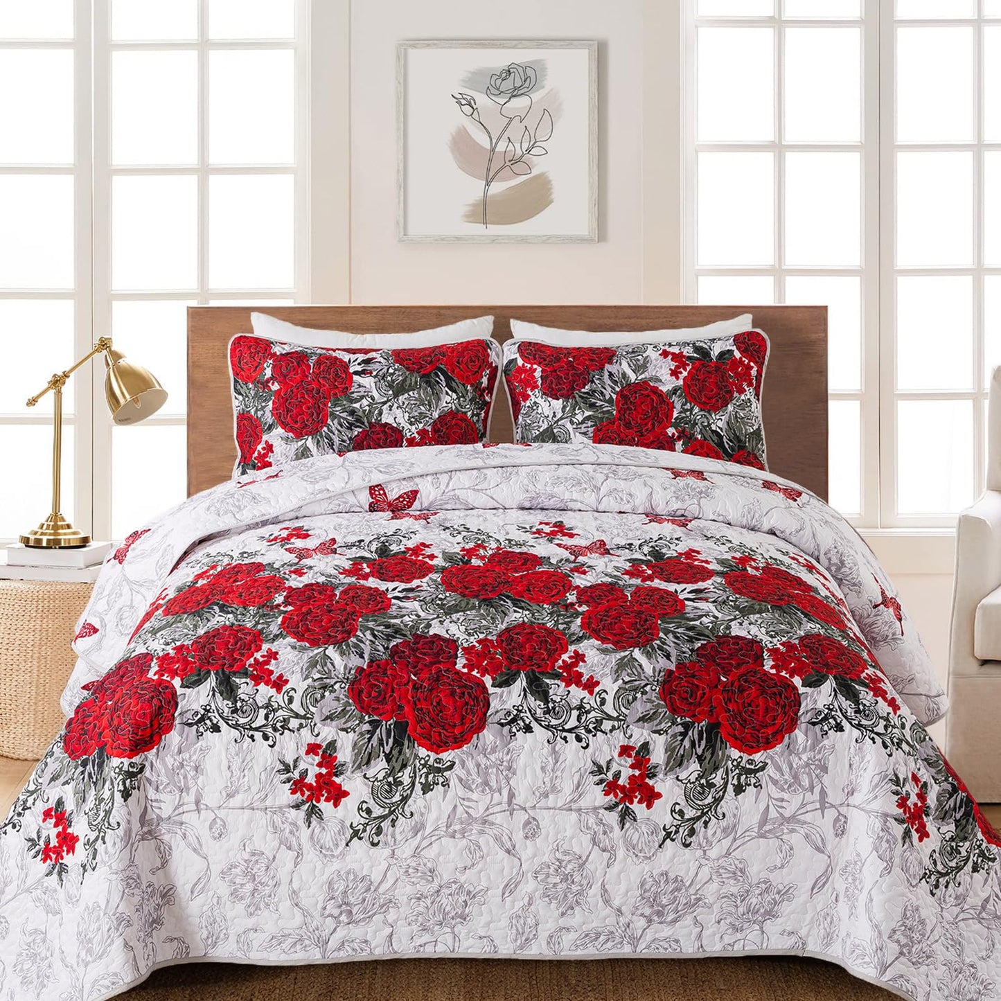 Yiran Red Floral Bedspreads Queen Size Rose Flowers Quilt Bedding Set 3 Pieces Lightweight Microfiber Botanical Coverlet with 2 Pillow Shams for All Season 96x90 Inch