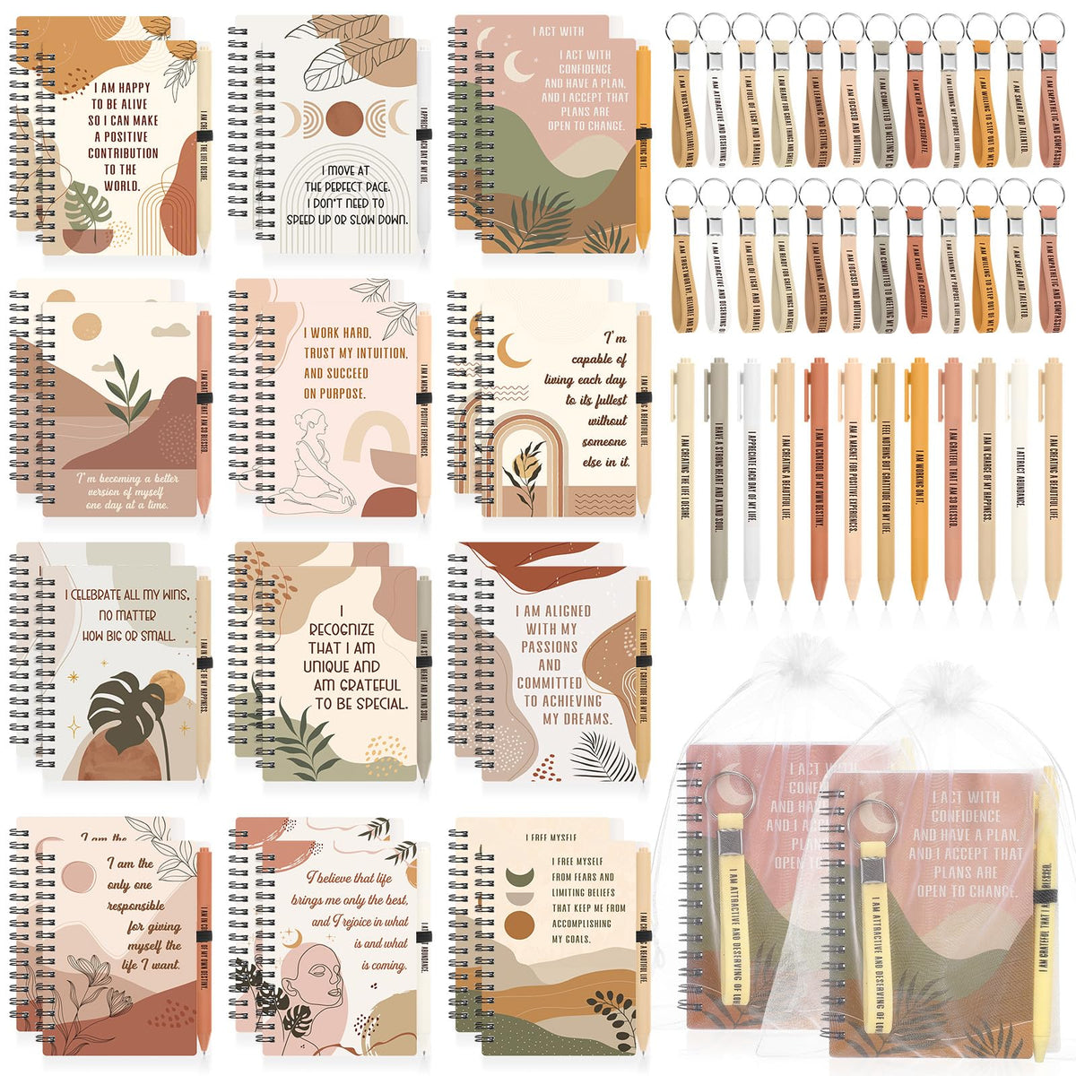Funrous 72 Pcs/24 Set Positive Motivational Gift Set for Women Bulk Gratitude Spiral Journals Notebooks Affirmation Pens Keychains for Teacher Appreciation Coworker Nurse Adult Party Favor (Boho)