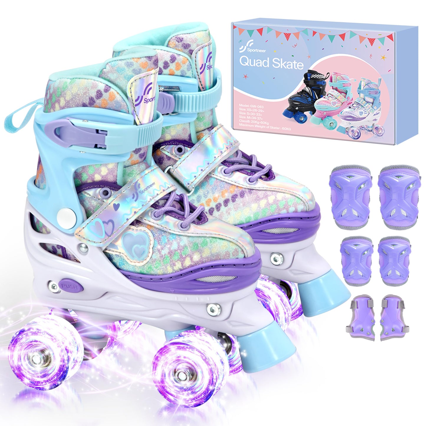 Sportneer Adjustable Kids Roller Skates with Light Up Wheels, 4 Sizes Fit for Girls Boys Ages 5–12, Fun Outdoor Indoor Quad Skates for Beginners, Safe Gift Set with Protective Gear Included