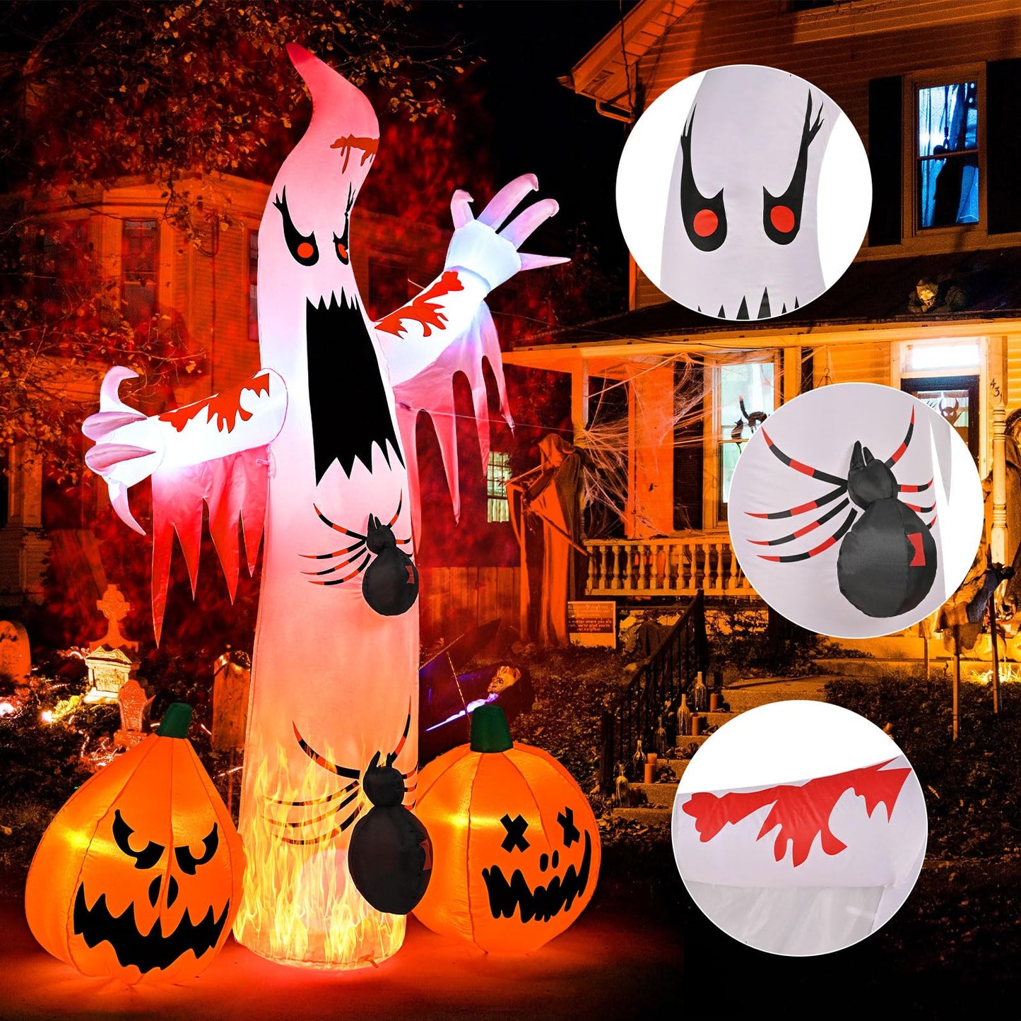 Kesfitt 8FT Halloween Inflatables Decorations Outdoor Ghost Built-in 2 Flame Flashing Projection Light,Blow Up Yard Inflatables with Pumpkin Spider for Outside Halloween Patio Party Garden Decorations