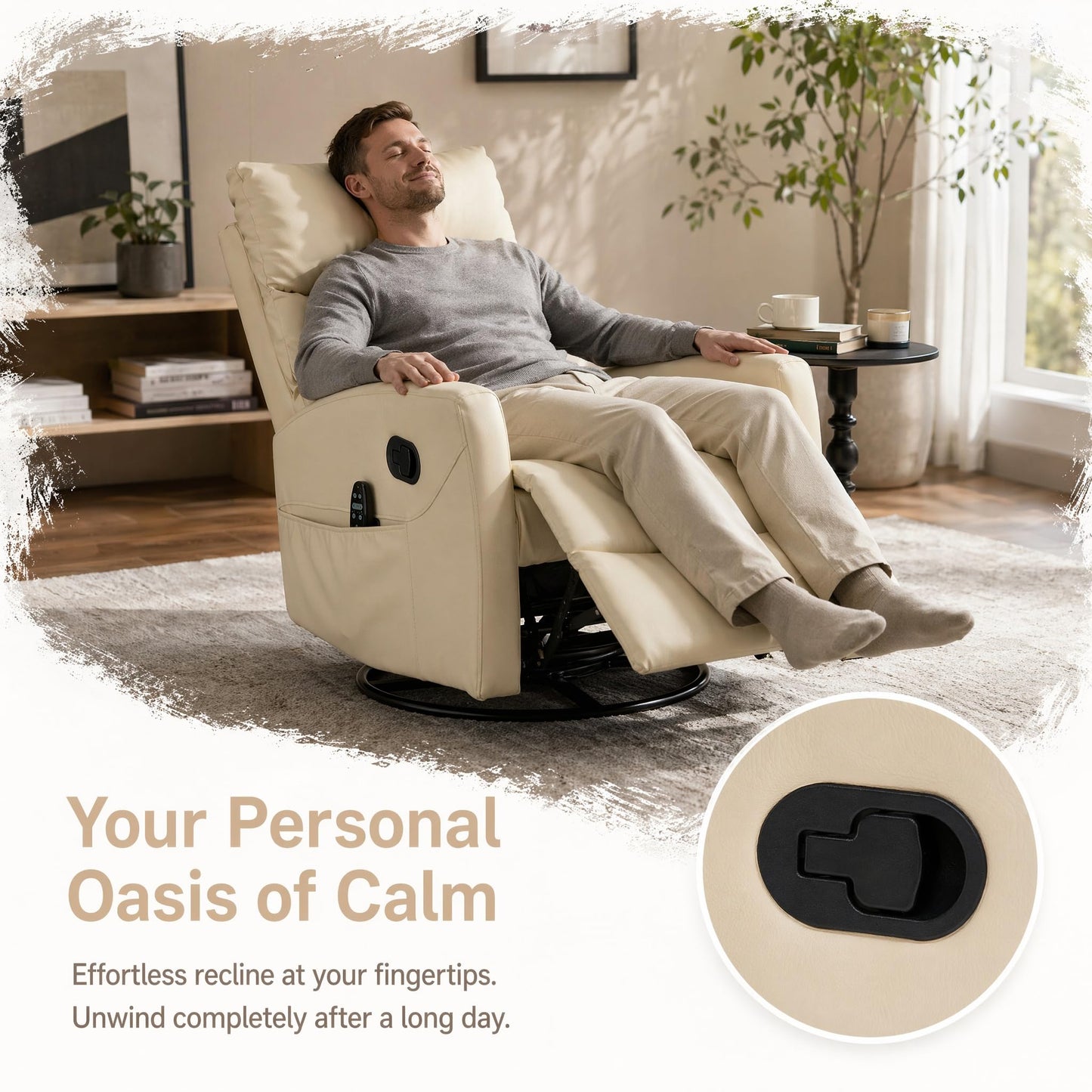 KEIKI Heat Massage Manual Recliner Chair, 360 Swivel Rocker with Lumbar Heat, Faux Leather Neutral Tone Heavy Duty, Ergonomic Adult Lounge Chair with Cushion Back for Primary Living Space, Grey