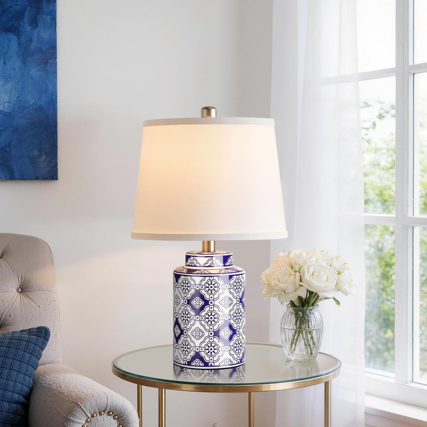 Qimh Chinoiserie Ceramic Table Lamps for Living Room, Small Bedside Lamps Set of 2 with Linen Lampshade, Modern Traditional Blue and White Lamp for Bedroom Office Nightstand Home Decor(Bulbs Included)