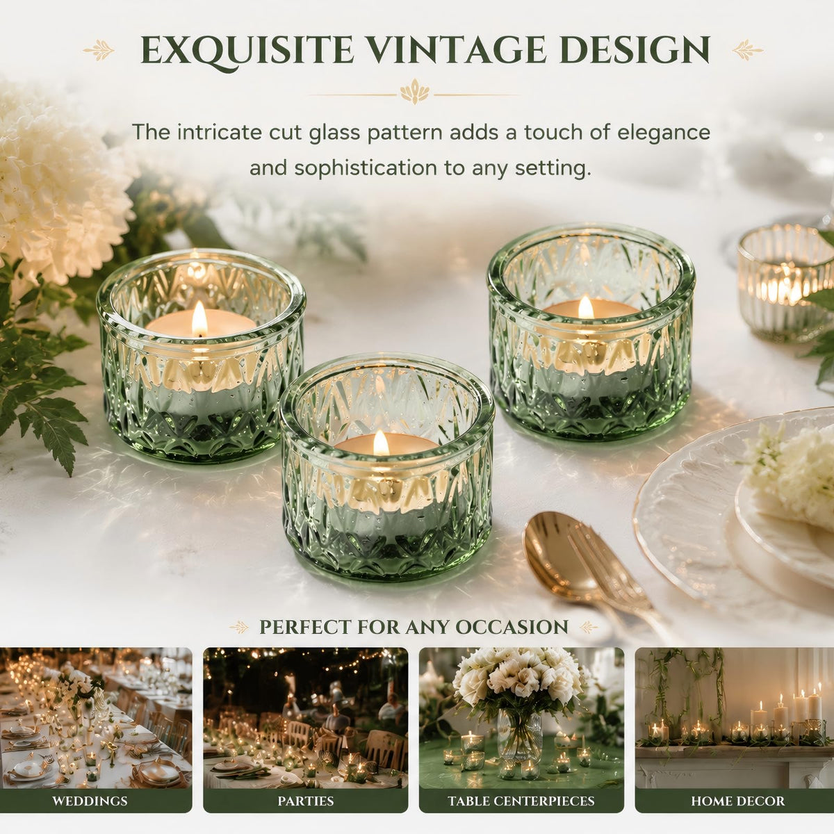 DEVI Green Tea Lights Candle Holders 24 Pcs for Wedding Decorations, Glass Votive Candle Holder, Wedding Table Centerpieces, Retro Party Decorations