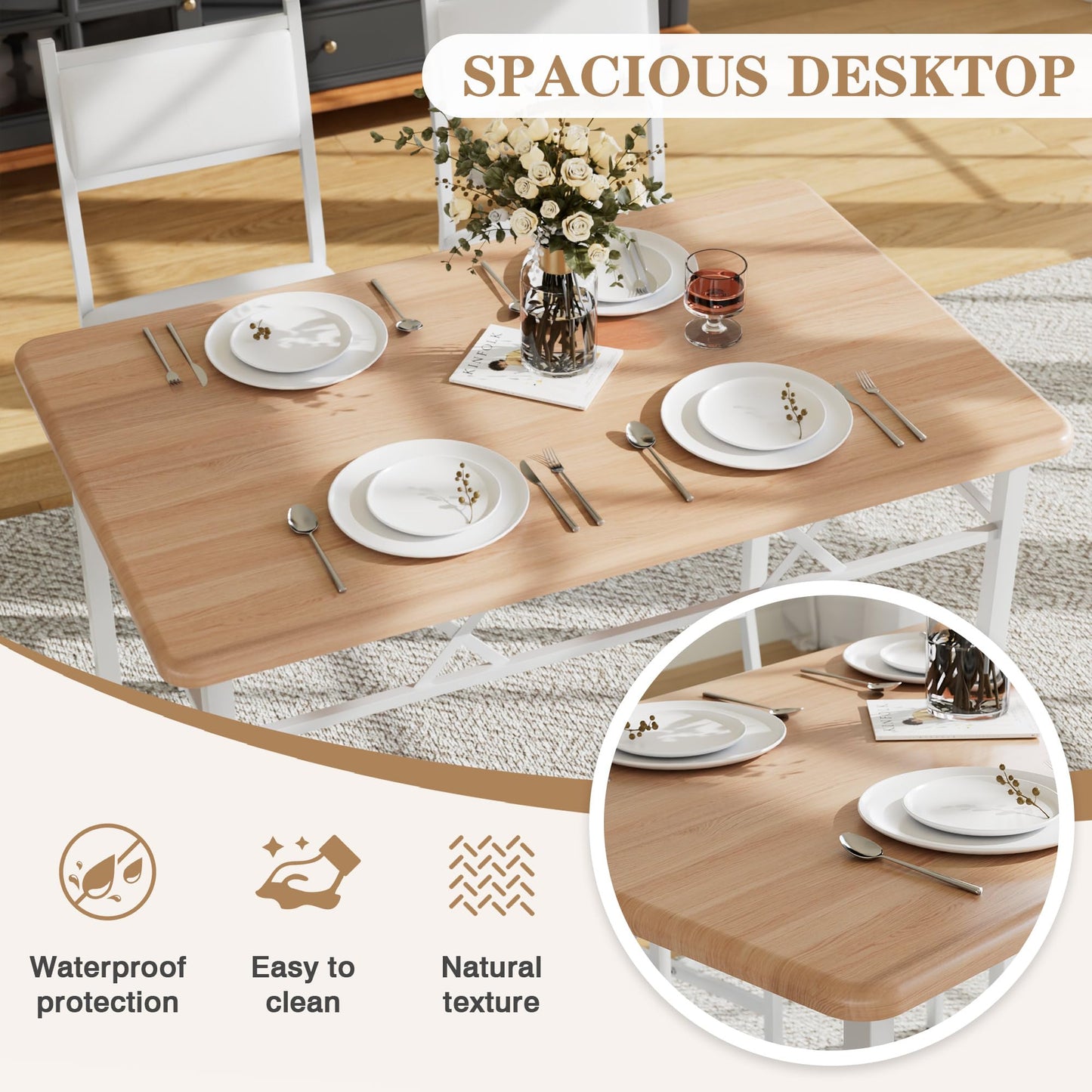 VECELO Dining Table Set for 4 with Chairs, 5-Piece Kitchen Table and Upholstered Padded Chairs Set for Small Space, Dining Room, Apartment, Natural White