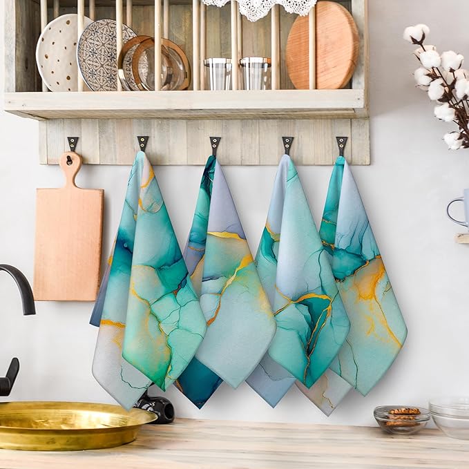 Teal Gold Kitchen Towel Set of 4 Soft Absorbent Marble Texture Turquoise