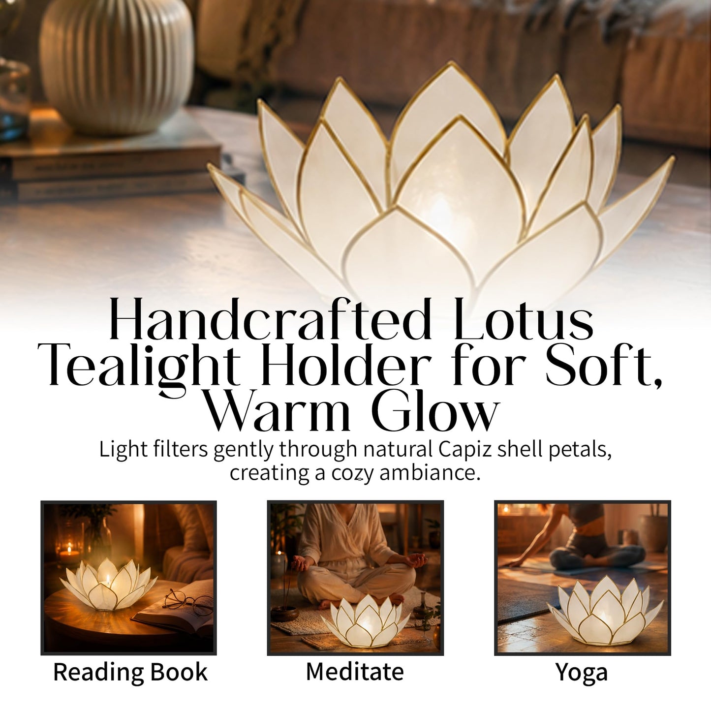Om Gallery Mini Gemstone Lotus Tealight Holder - Handcrafted Capiz Shell Design for Soft Glow, Elegant Home & Table Decor, Wedding Centerpieces, Votive Candle Styling & Thoughtful Gifting - Pearl