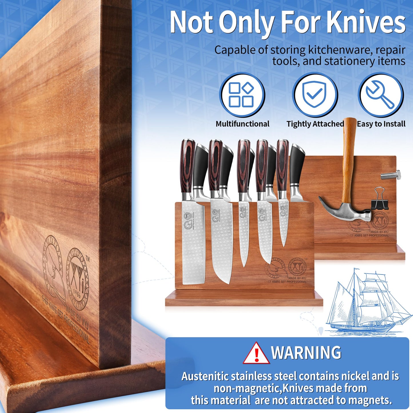 XYJ Authentic Since 1986, Magnetic Knife Block, Double Side Kitchen Knife Stand, Acacia Wood, Magnetic Knife Holder with Strong Enhanced Magnets,Knives Storage Rack Stand for Home Kitchen