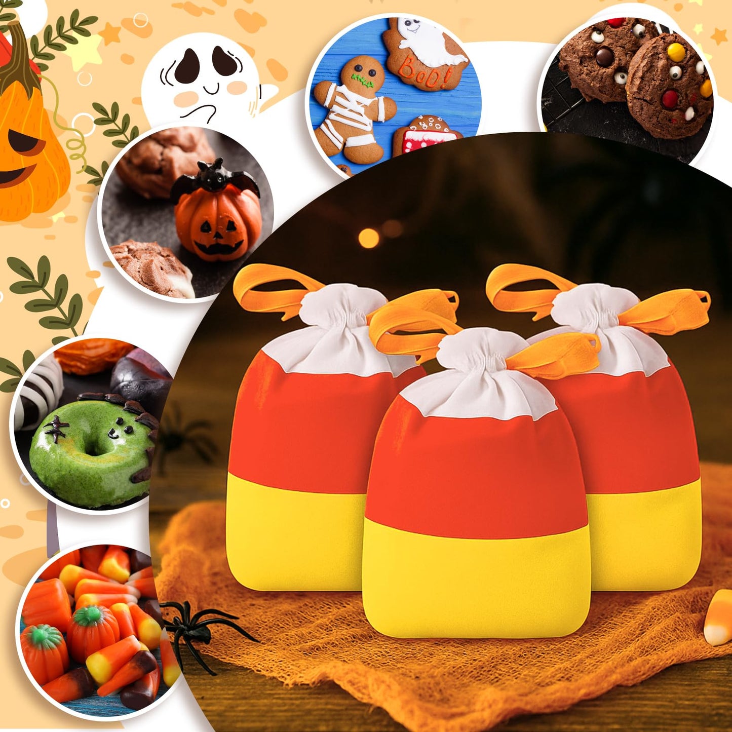 SATINIOR 24 Pack Thanksgiving Candy Corn Treat Bags Bulk Orange Fall Autumn Goodie Bags Small Satin Drawstring Funny 4"x6" Reusable Mini Gift Pouch for Holiday Party Favor Supply