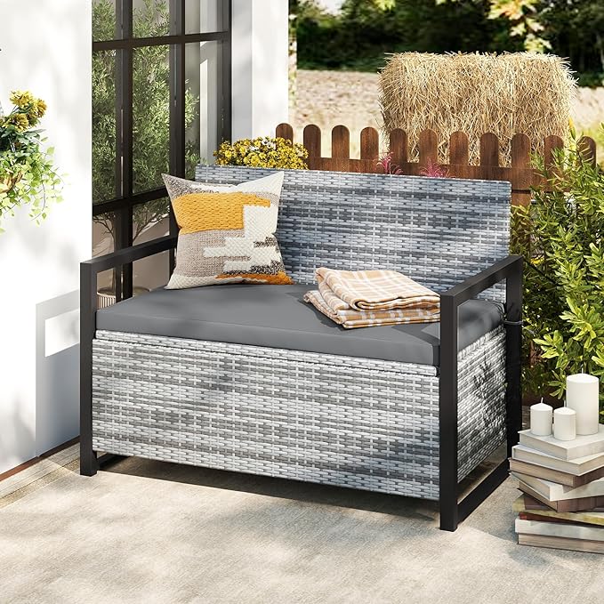RELAX4LIFE Wicker Outdoor Bench with Storage - Rattan Deck Box w/Protective Liner for Pillows, Pool Supplies, Garden Tools, Patio Loveseat with Seat Cushion & Metal Armrests for Backyard Porch Balcony