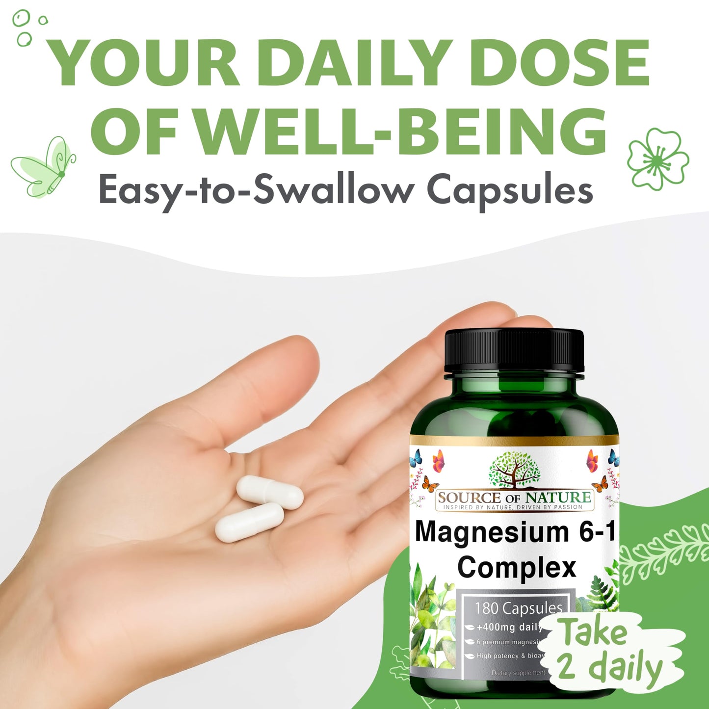 Magnesium 6-1 Complex 1500 mg Daily | 400 mg Elemental Magnesium | Oxide, Bisglycinate, Malate, Taurate, Citrate & Aspartate | 180 Vegan Capsules | High Strength & Bioavailable