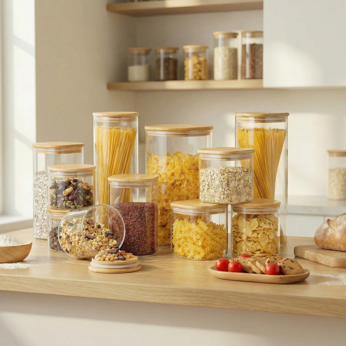 HomArtist Square Glass Jars with Bamboo Lids 53 FL OZ [Set of 4], Glass Canisters with Airtight Lid, Glass Food Storage Containers for Pasta, Cereal, Coffee, Flour, Sugar, Best for Kitchen & Pantry