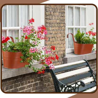 Hicarer 12 Pcs Metal Hanging Flower Pots for Railing Fence, 10.6 Inch Hanging Rail Planters for Outdoor Window Balcony Plants Holder with Hooks for Garden Yard Home Decor (Brown)