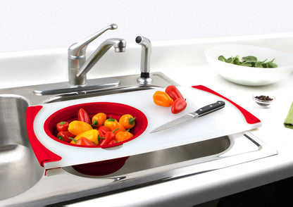 Dexas Over the Sink Poly Cutting Board with Collapsible Colander Strainer, 11.5 x 20",Natural/Red