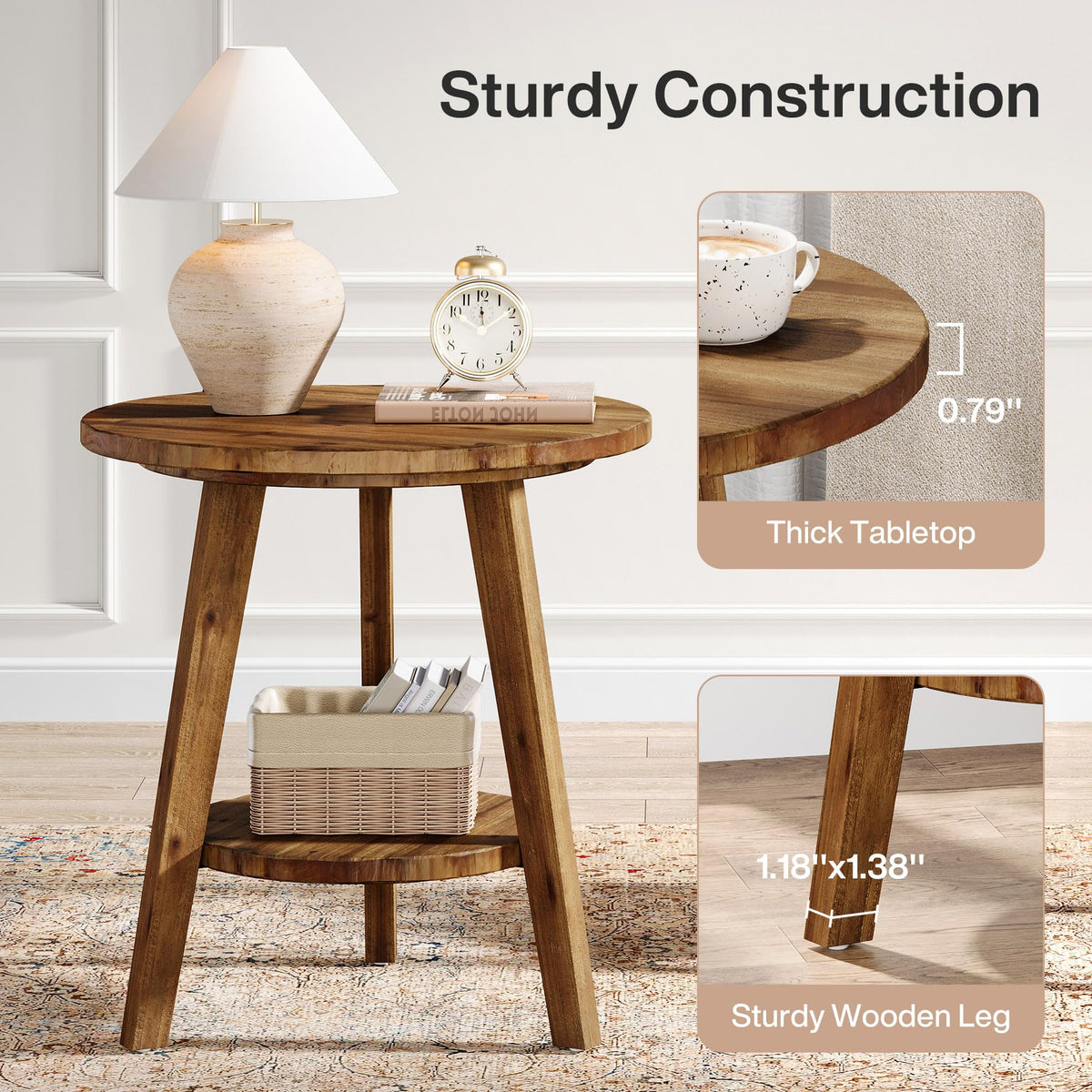 TRIBEWOOD Solid Wood Round End Table, Sofa Side Table with Storage Shelf, Farmhouse Nightstand for Living Room, Bedroom, Easy Assembly (1)