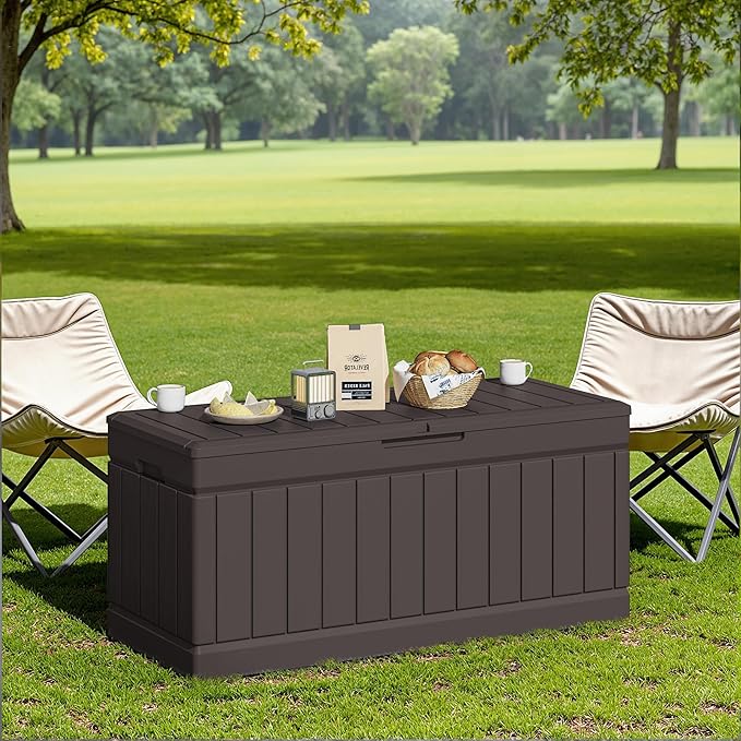 JUMMICO 78 Gallon Outdoor Deck Box Large Resin Storage Box for Patio Furniture Cushions and Garden Tools (Brown)