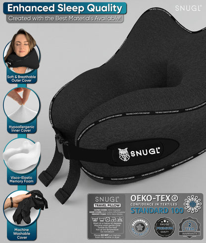 SNUGL Travel Pillow – Memory Foam Neck Pillow for Travel – Support Cushion for Airplane with Carry Bag & Clip - Holiday Essentials (Black - Adult Regular)
