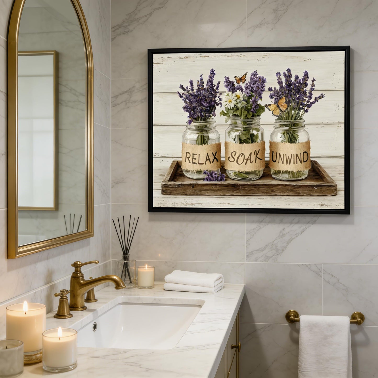 Black Framed Farmhouse Bathroom Wall Art Rustic Lavender Flower Wall Decor Relax Soak Unwind Bathroom Posters Prints for Spa Bathroom 8x10 Inch