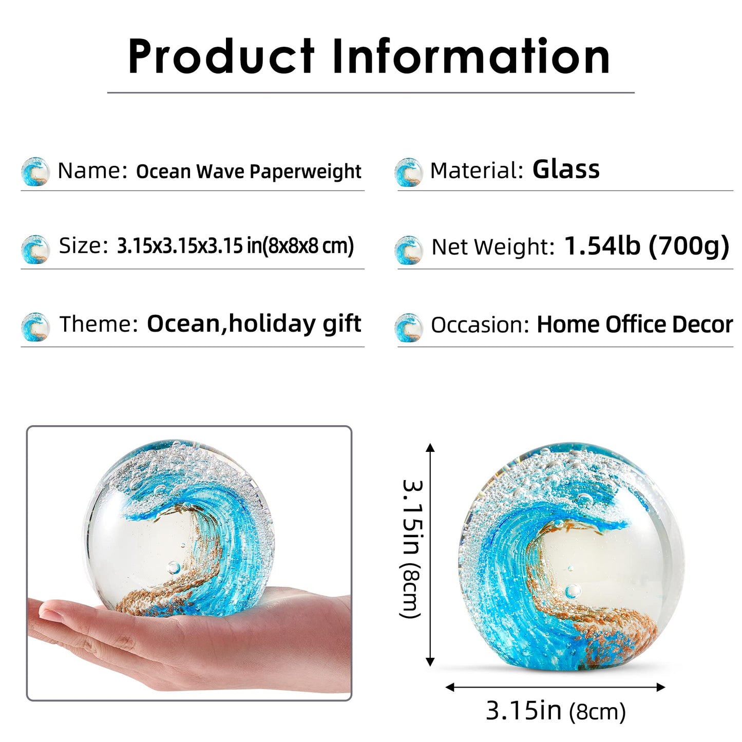 EUSTUMA Hand Blown Glass Figurines Ball Ocean Waves,Office Paperweight Glass for Desk,Home Decor Collectible,Aquarium Decor,Office Decor Ocean Lovers (Blue)