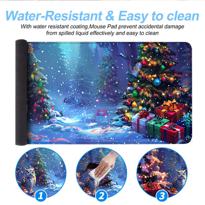 Christmas Owl Mouse Pad XXL – Large Holiday Desk Mat with Forest Gifts and Snow Lights, Extended Non-Slip Mousepad for Office, Gaming, Home Setup, 31.5 x 11.8 in