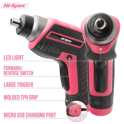 Hi-Spec 35pc Pink Womans Tool Kit Set with 3.6V USB Electric Power Cordless Screwdriver Compact for Home. Starter Basic Ladies Tools for Household DIY Repairs in a Small Toolbox