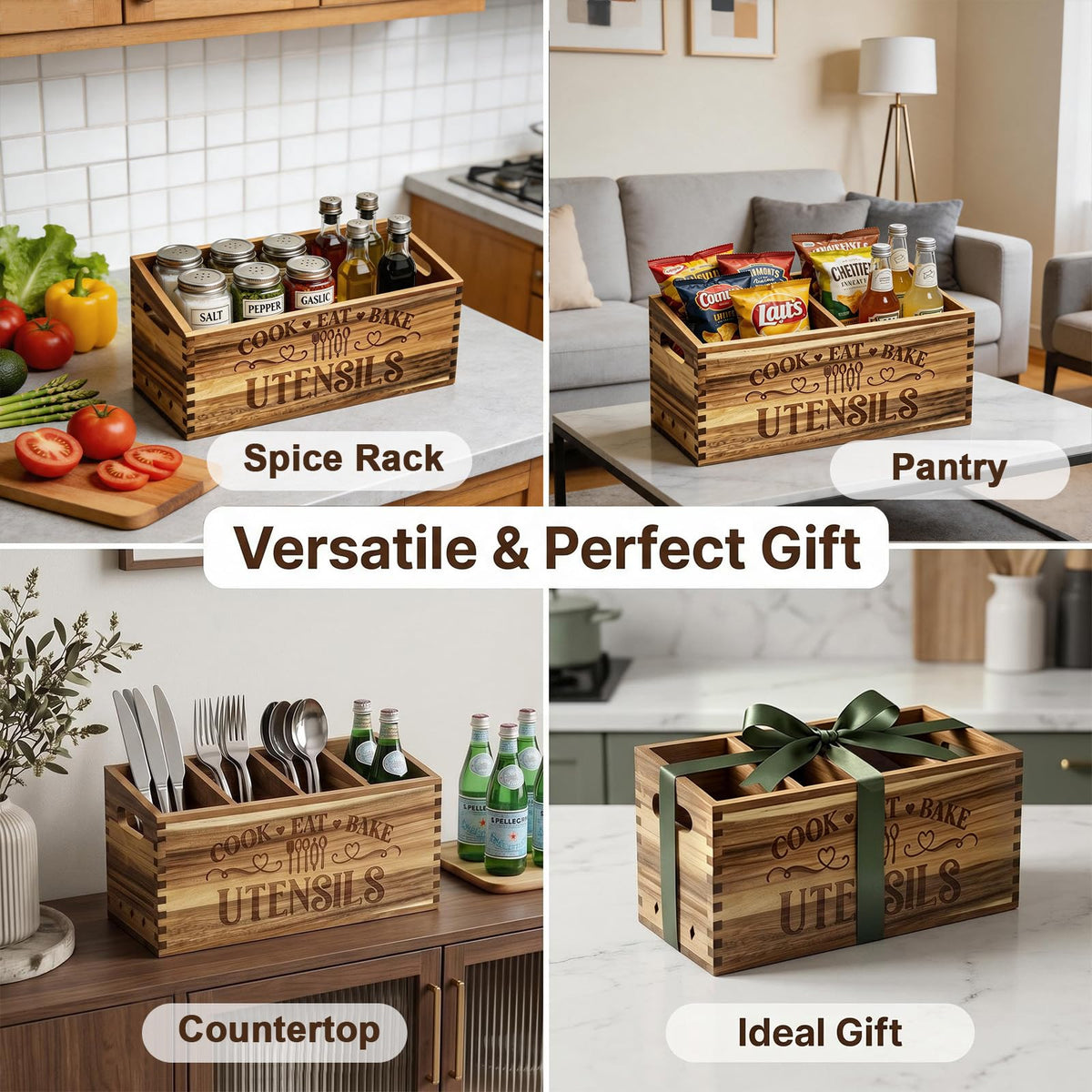 toytoto Large Acacia Wooden Utensil Holder for Kitchen Countertop