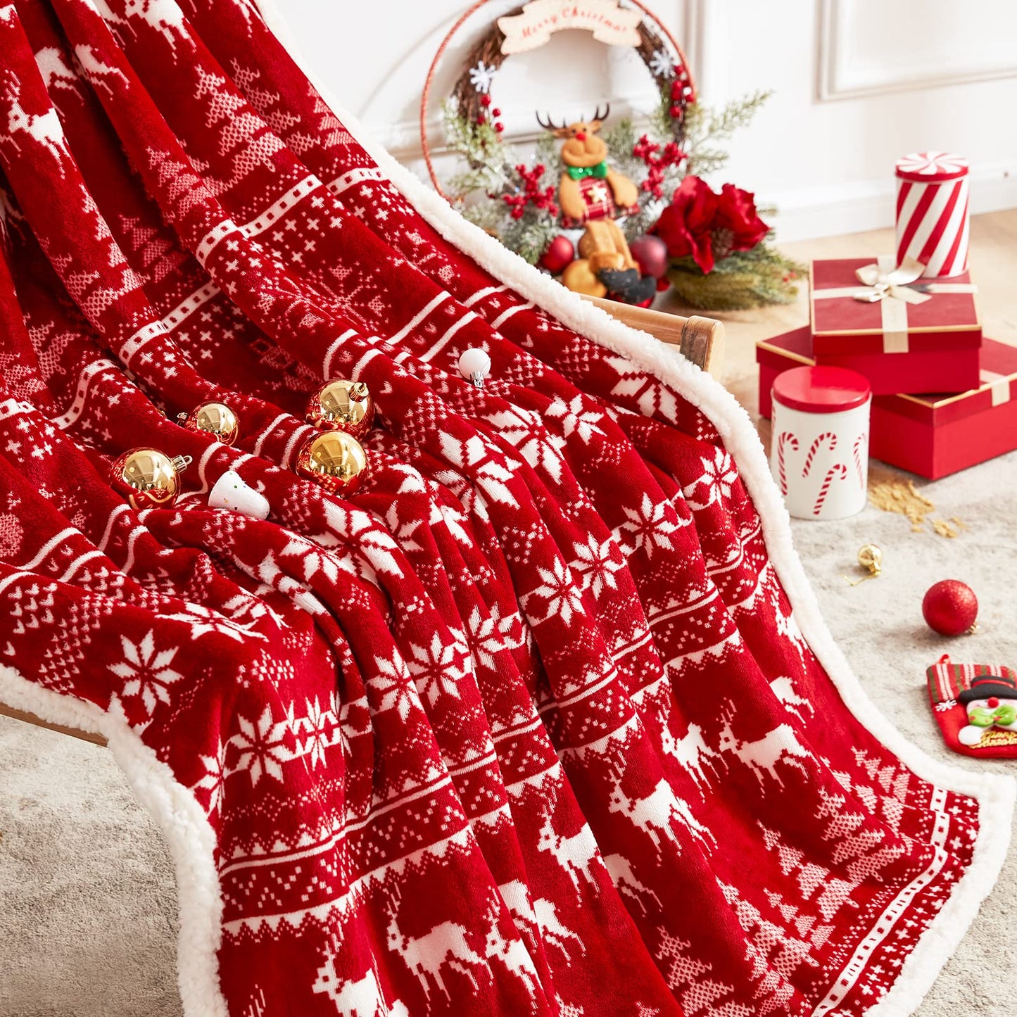 Touchat Red Sherpa Christmas Throw Blanket, Fuzzy Fluffy Soft Cozy Blanket, Fleece Flannel Plush Microfiber Blanket for Couch Bed Sofa (50" X 60", Red Reindeer)