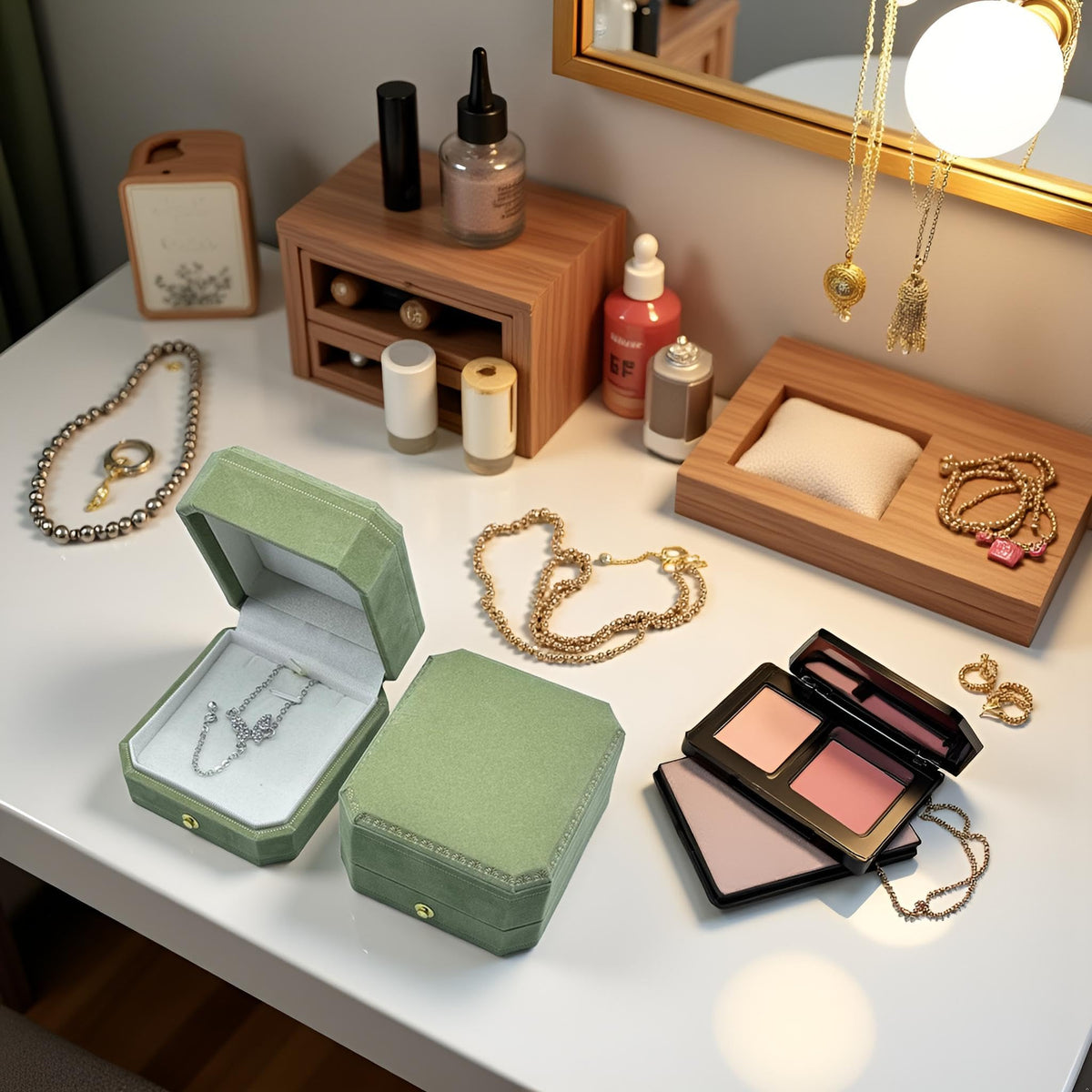 WHSLILR Velvet Necklace Box - Octagon Engagement Necklace Box with Hinged Lid for Proposal Engagement Wedding, Necklace Case Jewelry Box with Gold Lace - PRB007-Green