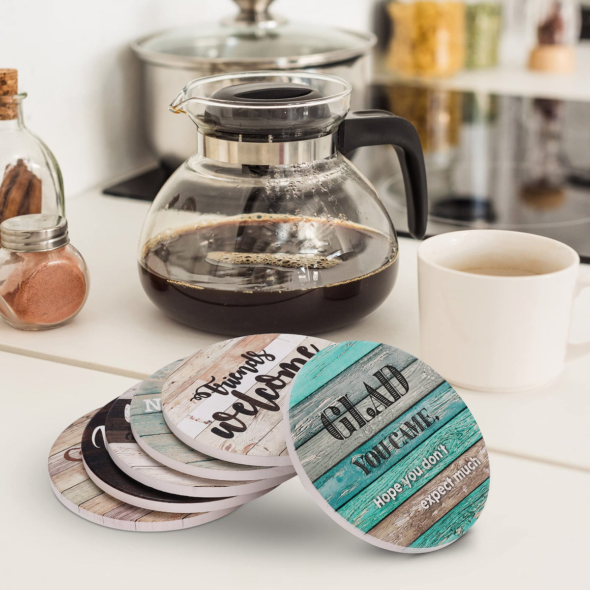 Funny Coasters - House Warming Gifts New Home - Housewarming Gifts for Women, Men, Couple, New Homeowner - Farmhouse Bar Coasters for Drinks with Holder - First Apartment Essentials