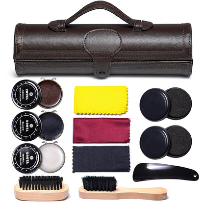 YUET Shoe Polish Kit Cleaning Shine Care Barrel Set For Brown Black Leather With Brush Travel Case Luxury Premium Soft Horsehair Bristle Dauber, Wooden Applicator, Shoehorn, Cloth 12 Piece Brown Pouch