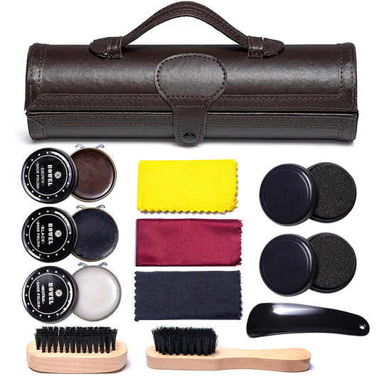 YUET Shoe Polish Kit Cleaning Shine Care Barrel Set For Brown Black Leather With Brush Travel Case Luxury Premium Soft Horsehair Bristle Dauber, Wooden Applicator, Shoehorn, Cloth 12 Piece Brown Pouch