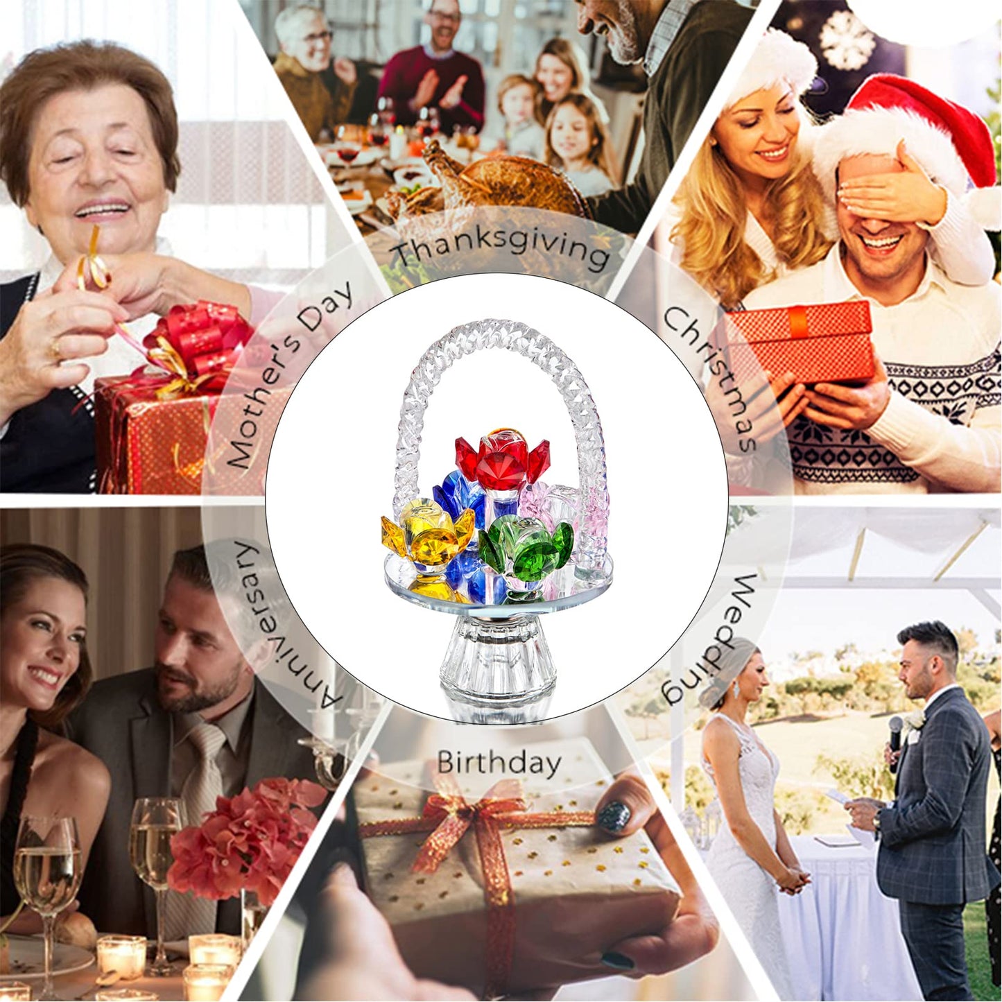 H&D HYALINE & DORA Colorful Crystal Flower Basket Figurine Ornament, Glass Flower with Rotating Base for Home Dress Table Centerpiece Christmas Lady Gift