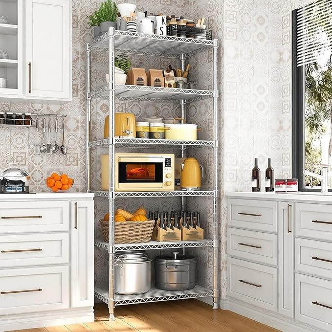 Xcity Storage Shelves, 6 Tier Heavy Duty Metal Shelving Unit, 2400 LBS Capacity Adjustable Steel Wire Shelf Organizer for Pantry, Kitchen, Garage, 14" D x 30" W x 70" H, Chrome