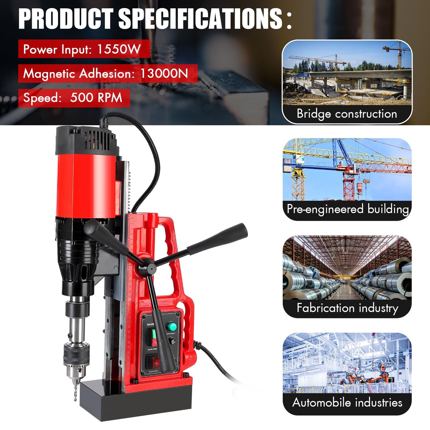 Magnetic Drill Press, 1550W 500RPM Portable Power Mag Drill Press, 10-Speed Core Drilling Machine for Metal Working,3Pcs Drill Bits
