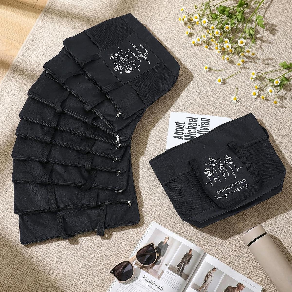 Paterr 10 Pcs Volunteer Appreciation Gifts Bulk Large Tote Bags with Zippered Mesh Pocket Inspirational Gift for Women Men(Black)