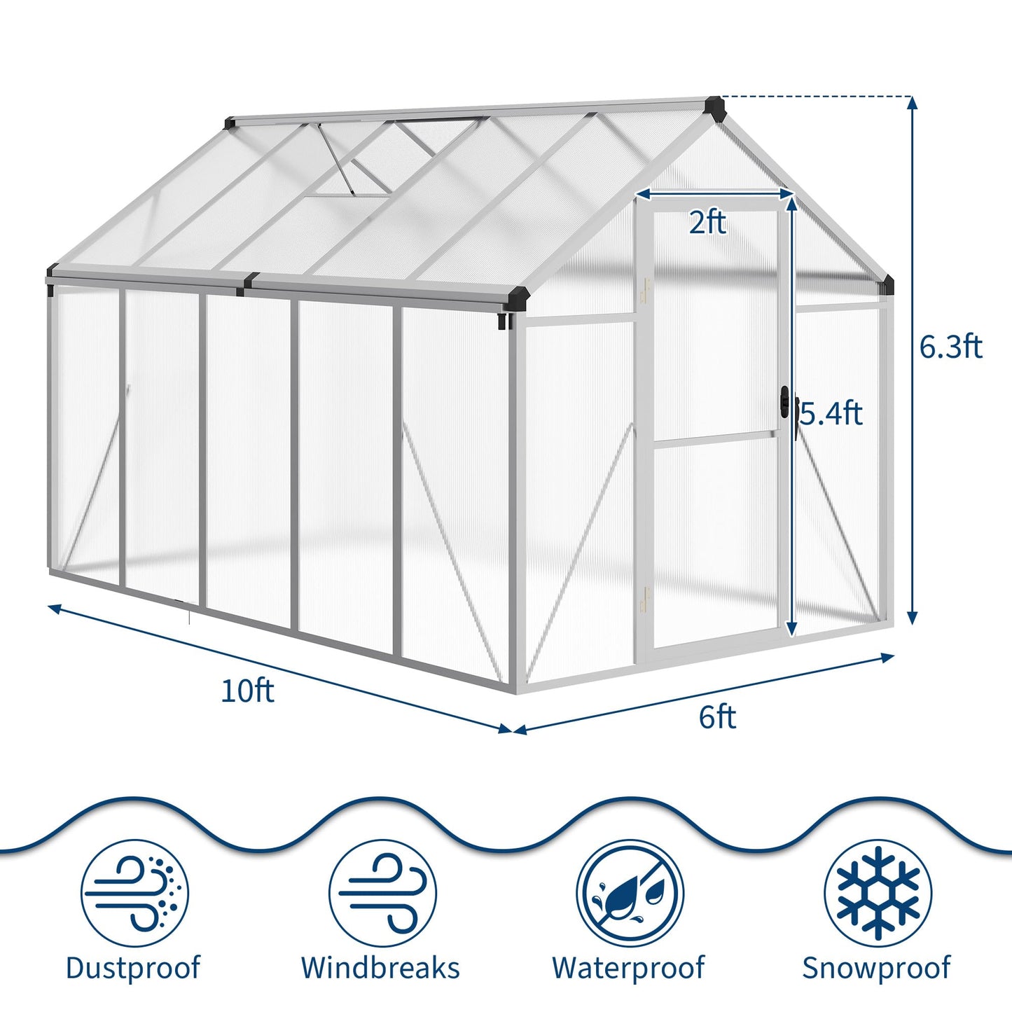 GarveeHome 6X8 FT Greenhouse for Outdoors, Large Walk-in Polycarbonate Greenhouse Kit, Aluminum Frame, Lockable Door, Roof Vent, Ground Spikes, for Garden, Patio, Backyard, Outdoor Plant Growth