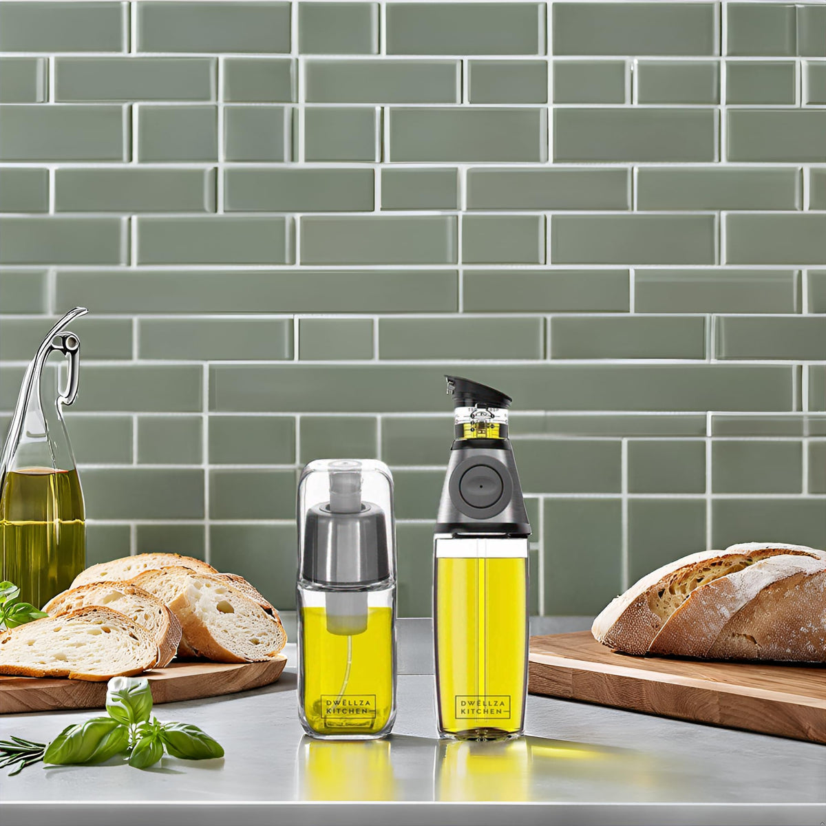 DWËLLZA KITCHEN Olive Oil Dispenser Bottle For Kitchen & Sprayer For Cooking - 2 In 1 Glass 17 Oz. Cooking Oil/Syrup Dispenser With Measurements & 6 Oz. Spray Bottle Set