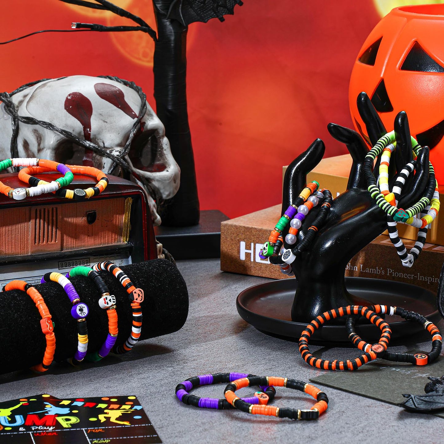 Jadive 48 Pcs Friendship Bracelets Bulk Colorful Adjustable Kids Bracelets Stretch Clay Preppy Surfer Beaded Halloween Christmas Girl Boys Party Favors Jewelry Gift Set, Various Styles(Ghost)