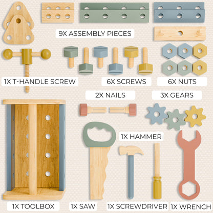 Durable Wooden Tool Set for Toddlers - Montessori Tool Box Kit with Hammer for Boys & Girls 2-5 Years - Fun Christmas Toy Gift for Kids with 30+ Safe Tools for Creative Play