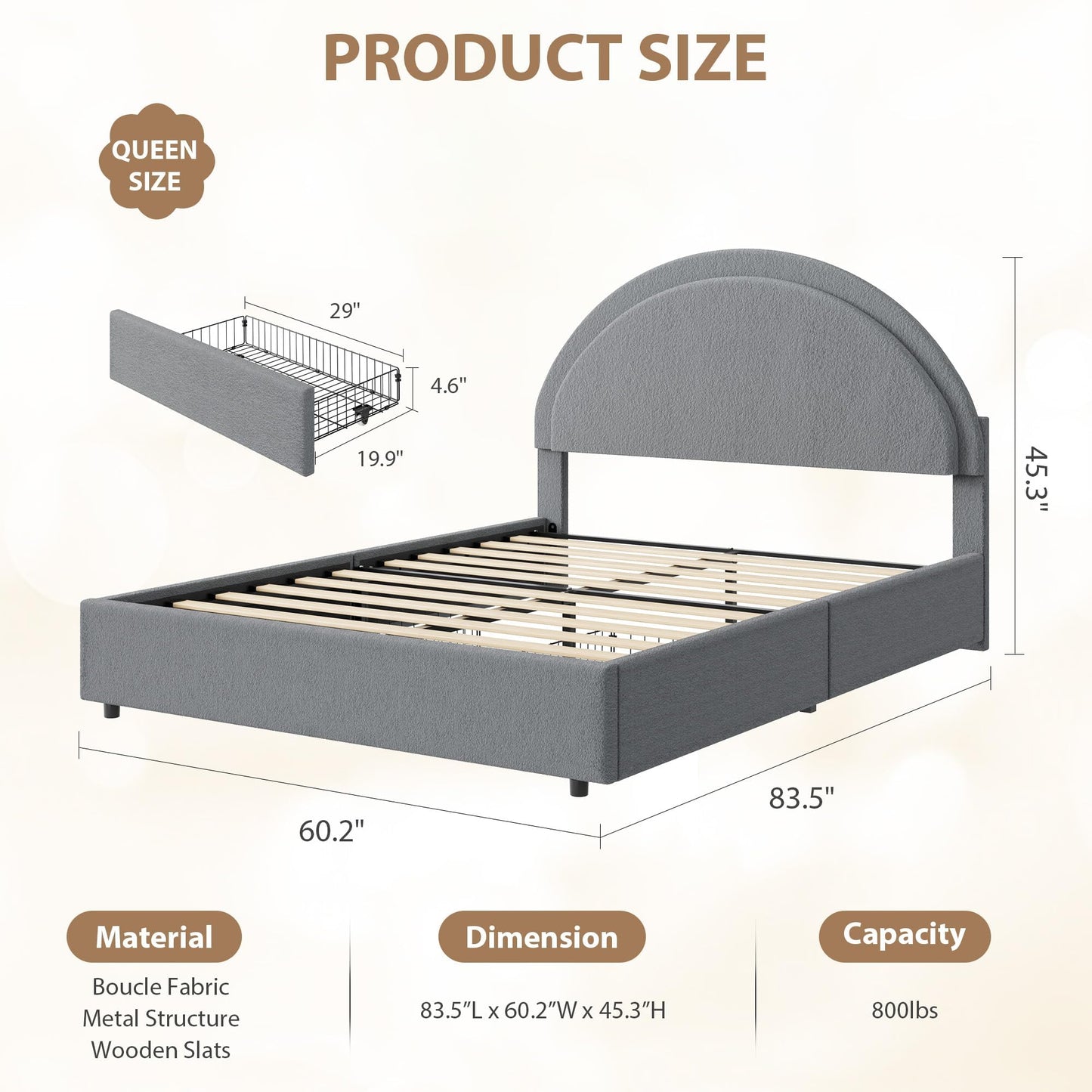 Garvee Queen Size Bed Frame with Storage Drawers, Upholstered Boucle Platform Bed with Round Headboard, Heavy Duty & Noise Free, No Box Spring Needed, Grey
