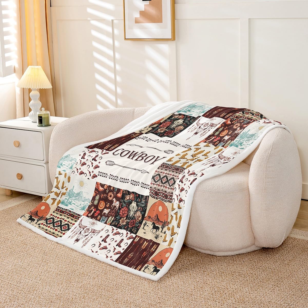 Erosebridal Western Cowboy Fleece Blanket Highland Cow Skull Sherpa Blanket 90"x90", Southwestern Decor Cowgirl Longhorn Bull Farm Animals Fuzzy Plush Throw