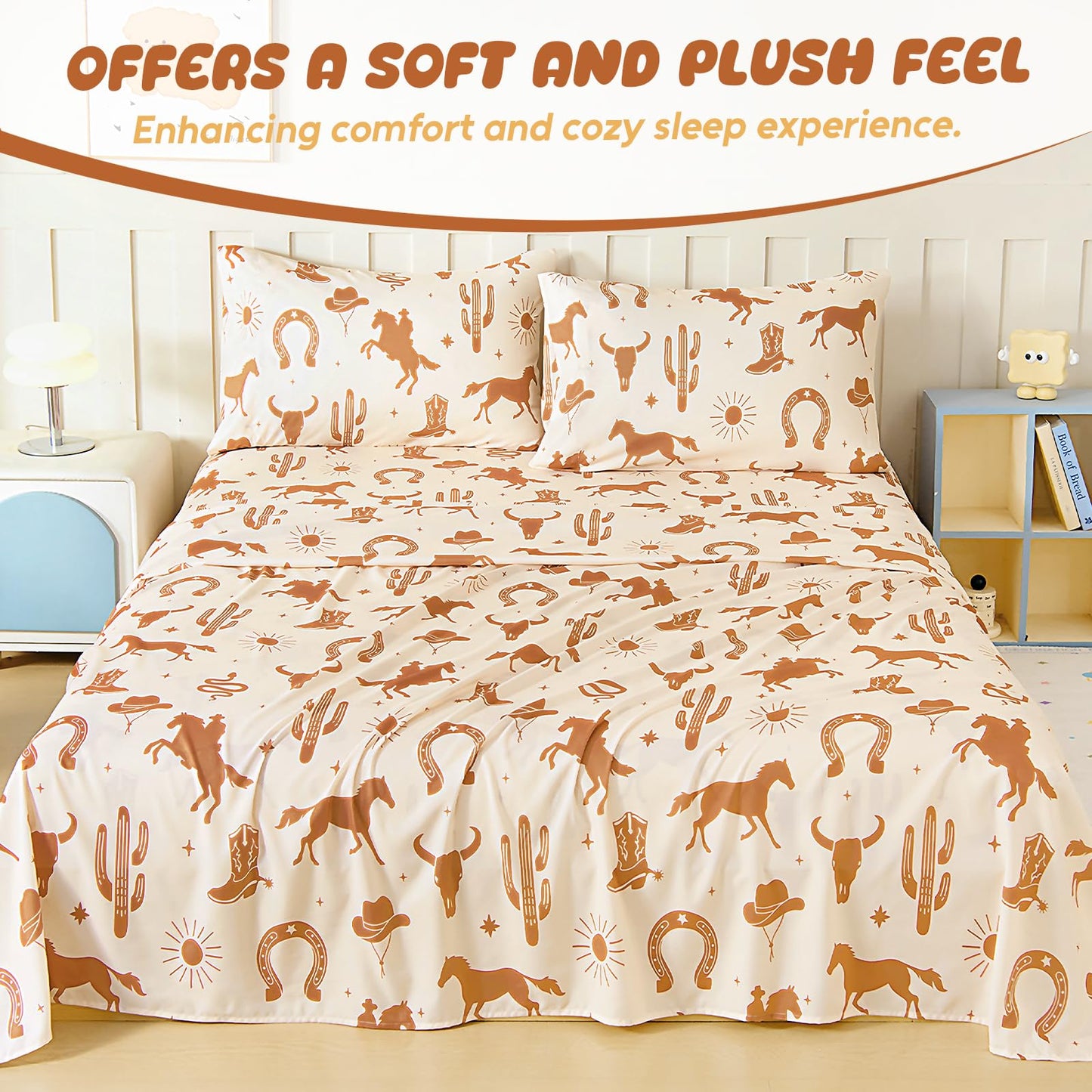 Homilay Full Sheet Set Kids - West Cowboy 4 Pieces Soft Microfiber Cartoon Style Bedsheets for Boys Girls Teens, Oeko TEX Breathable 15 Inch Deep Pocket Sheets(Yellowstone)