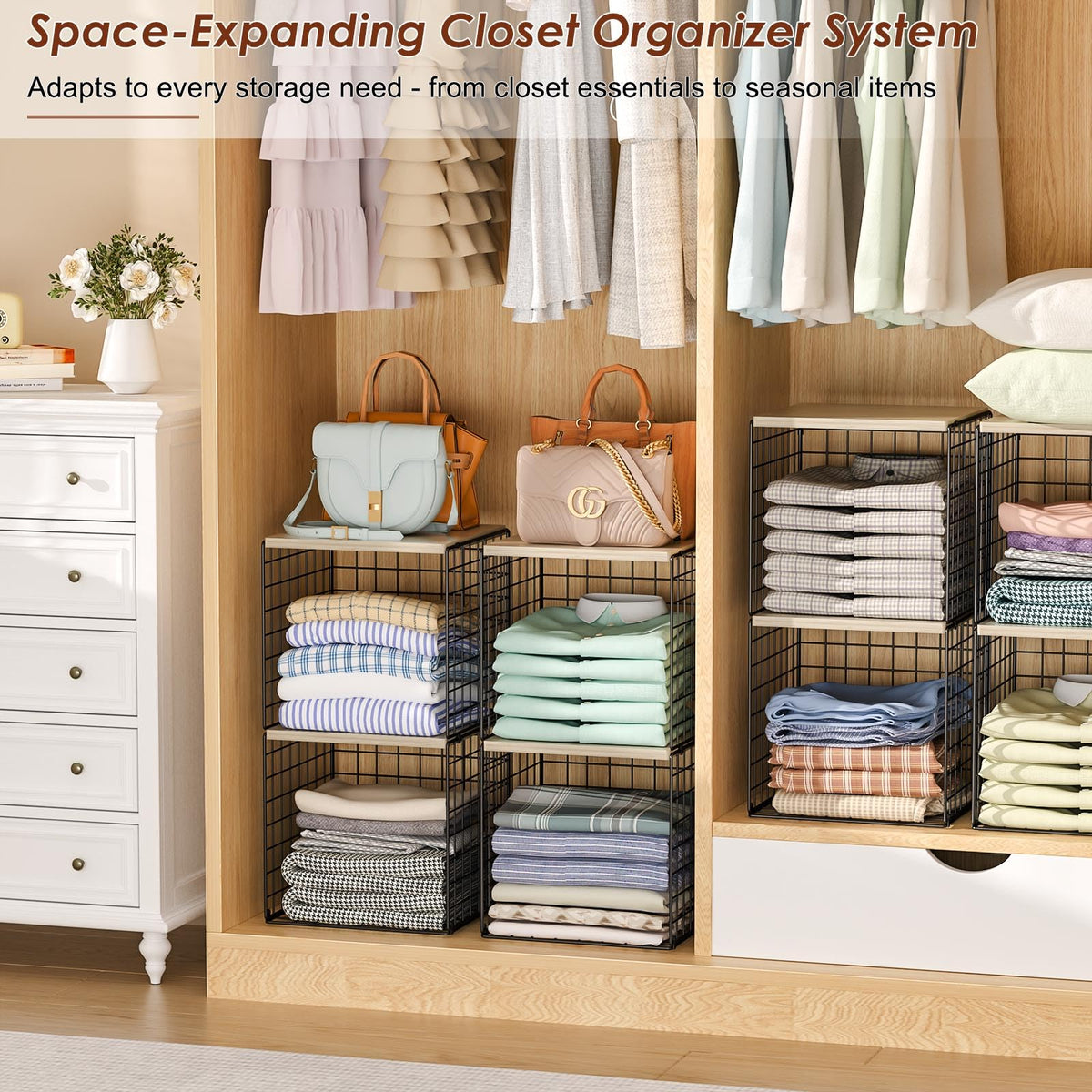 Hencawima 4-Tier Stackable Closet Organizers and Storage, Dual-Layer Reinforced Clothing Cube Shelves with Wood Tops, Sturdy Clothes Storage Bins & Shelf Basket for Wardrobe, Closet Organizer System