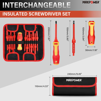 MAXPOWER 12 Piece Insulated Electricians Screwdriver Set with Rubber Handle, Magnetic Tips | 1000V | Ideal for Electrical, Home and DIY Projects