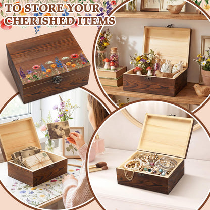 Gerrii Wildflower Wooden Keepsake Box Wedding Baby Shower Spring Flower Memory Storage Box with Buckle for Birthday Baby in Bloom Party(Wildflower Mix,Brown,11.02 x 8.86 x 4.92 Inches)