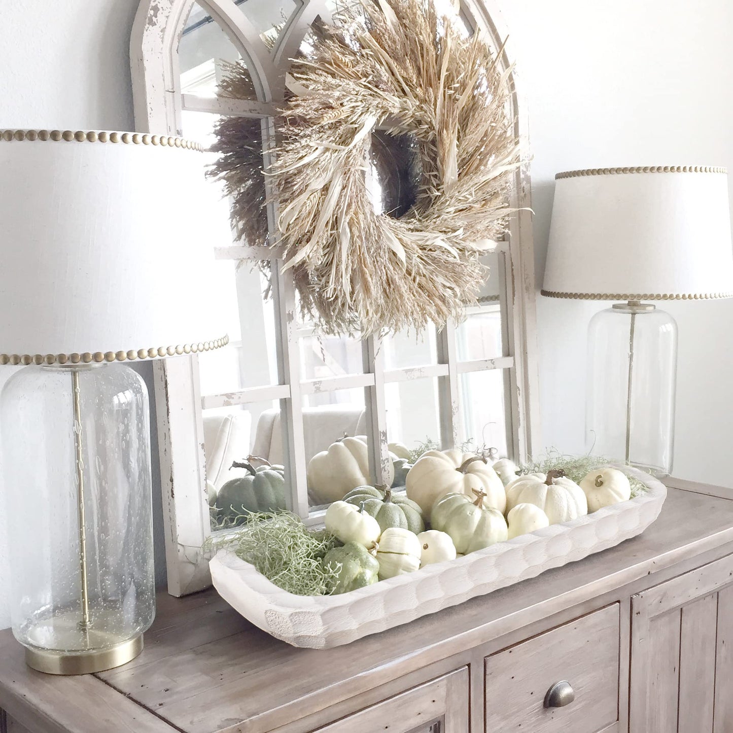 Decorative Bowl for Home Decor, Long Dough Bowl with Hand Carved Irregular Texture, Unique Table Centerpieces, Wooden Home Decor Accents for Farmhouse Boho Rustic Style(16.1"x 5.5" Washed White)