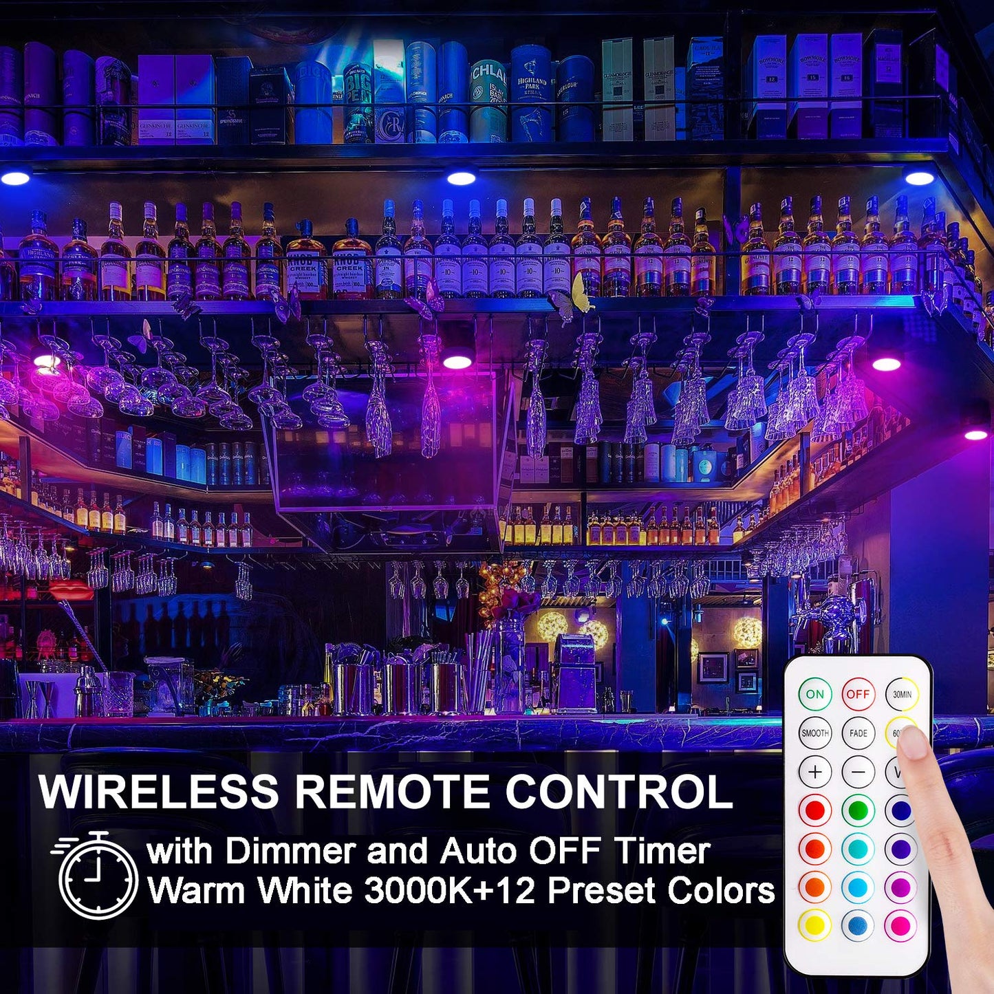 BLS LED Puck Lights with Remote Control, Wireless Under Cabinet & Closet Lighting, RGB 13 Color Changing Lights with Dimmer, Timer & AA Battery Operated, Push, Touch, Stick on for Night, White, 2 Pack