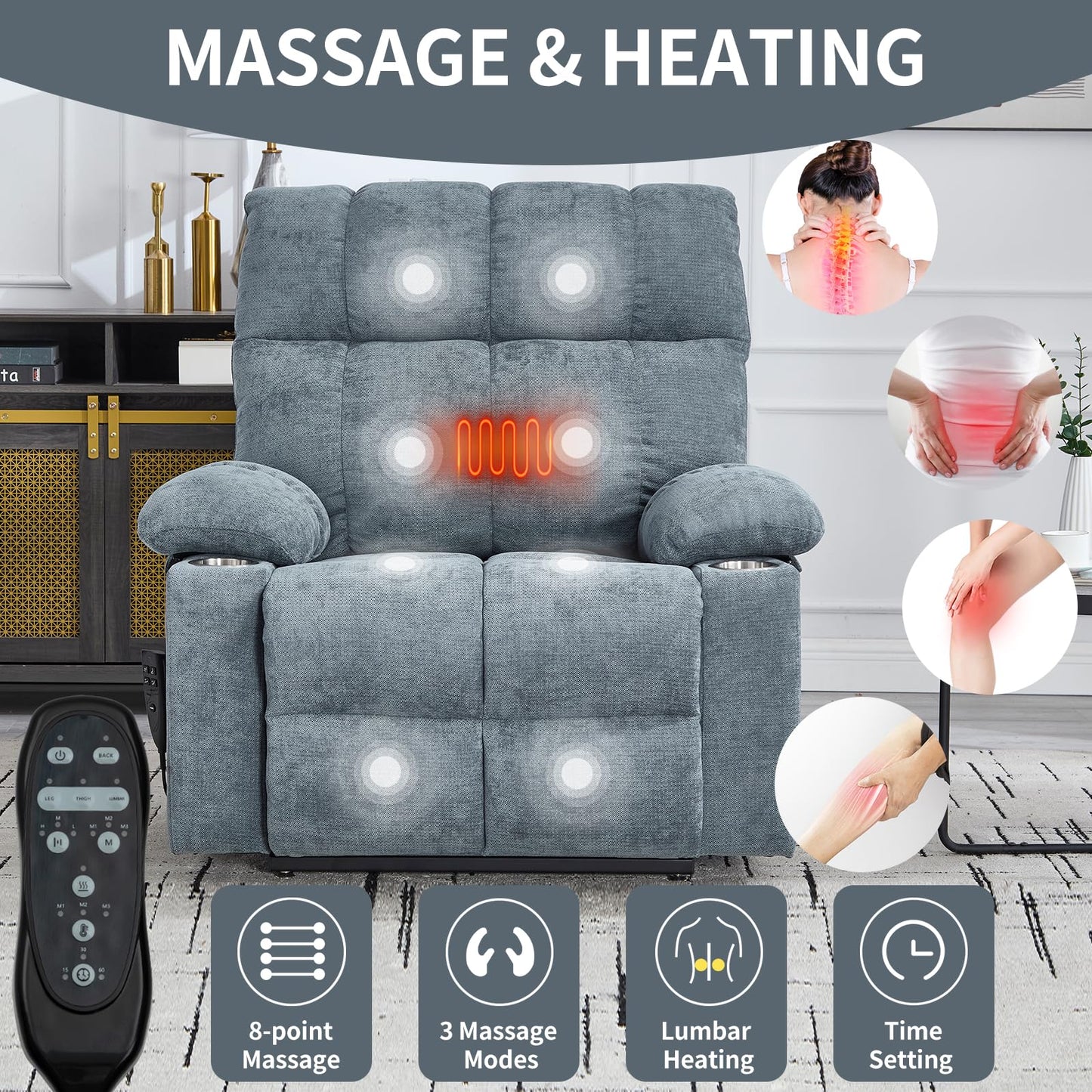 Dual Motor Power Lift Recliner Chair with Heat and Massage, Infinite Position Lift Chair, Oversized Chenille Recliner with 8-Point Vibration, Cup Holders and Side Pockets for Living Room, Grey Blue